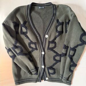 Olive Green Cardigan with Black Pattern